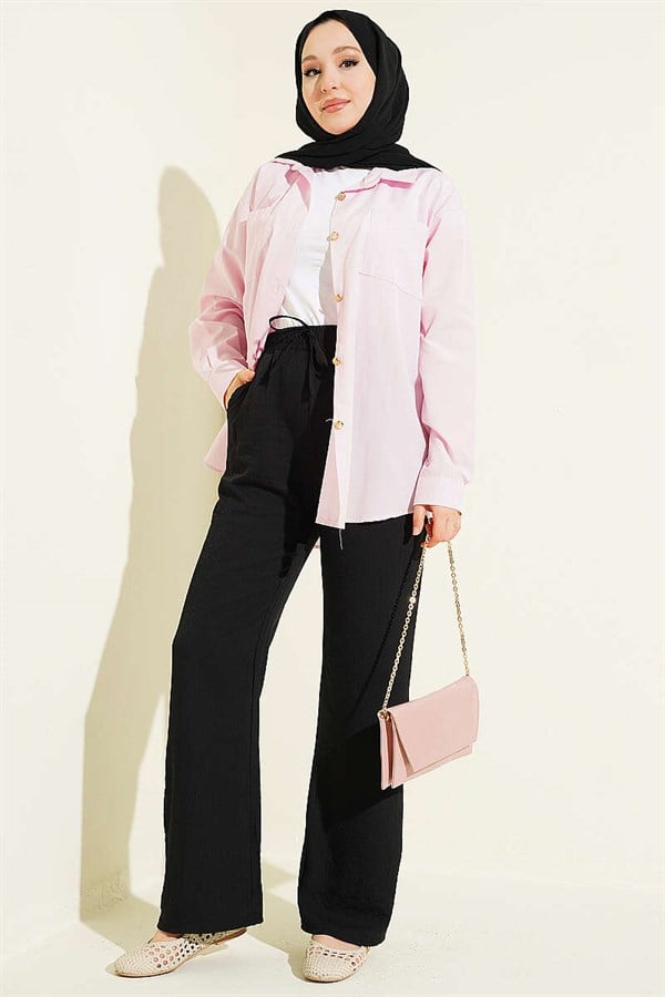 Wide-Leg Pants with Elastic Waistband, Black