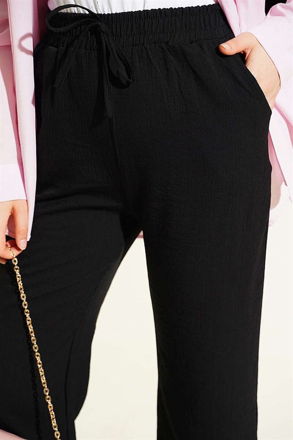 Wide-Leg Pants with Elastic Waistband, Black