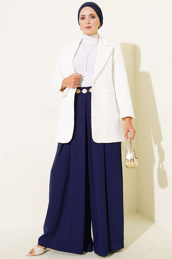 Wide Pleated Pocket Skirt Trousers Navy Blue