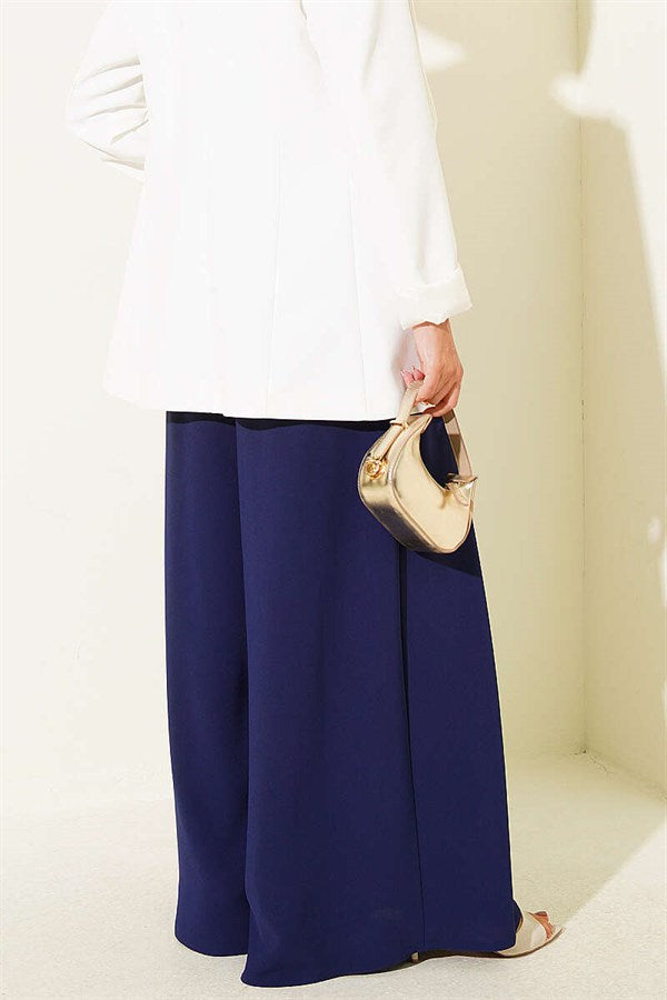 Wide Pleated Pocket Skirt Trousers Navy Blue