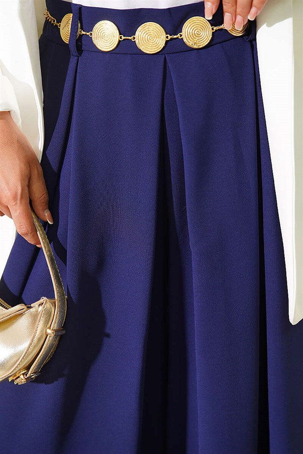 Wide Pleated Pocket Skirt Trousers Navy Blue