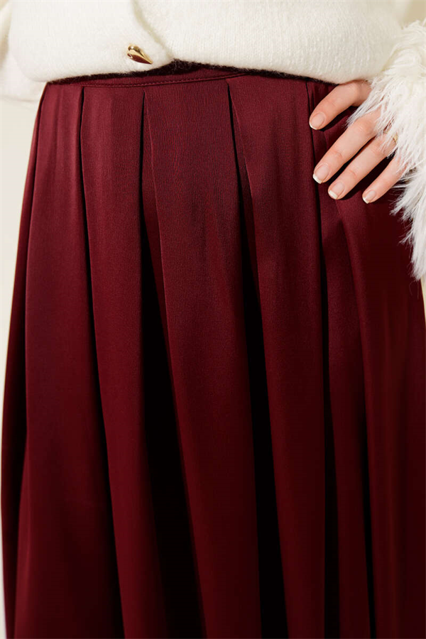 Wide Pleated Satin Skirt Burgundy