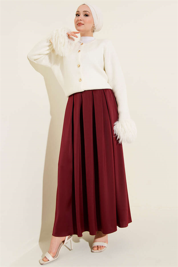 Wide Pleated Satin Skirt Burgundy
