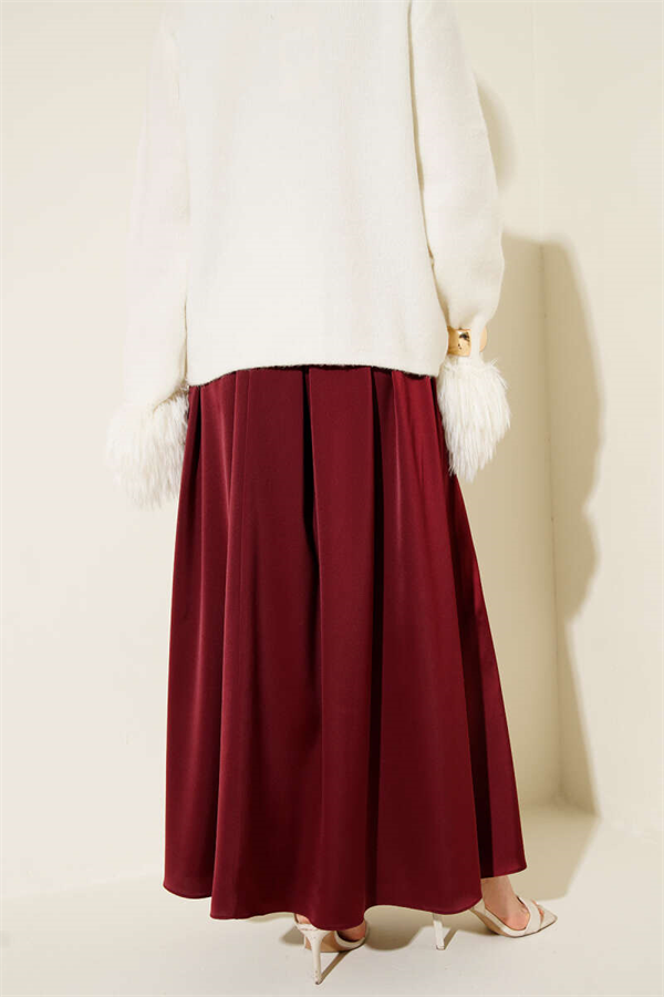 Wide Pleated Satin Skirt Burgundy