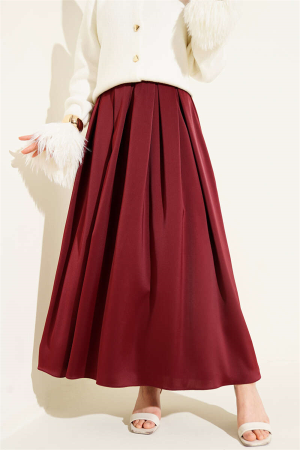 Wide Pleated Satin Skirt Burgundy