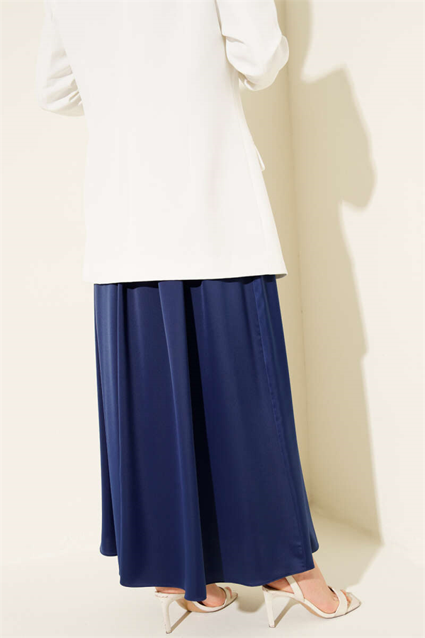 Wide Pleated Satin Skirt, Navy Blue