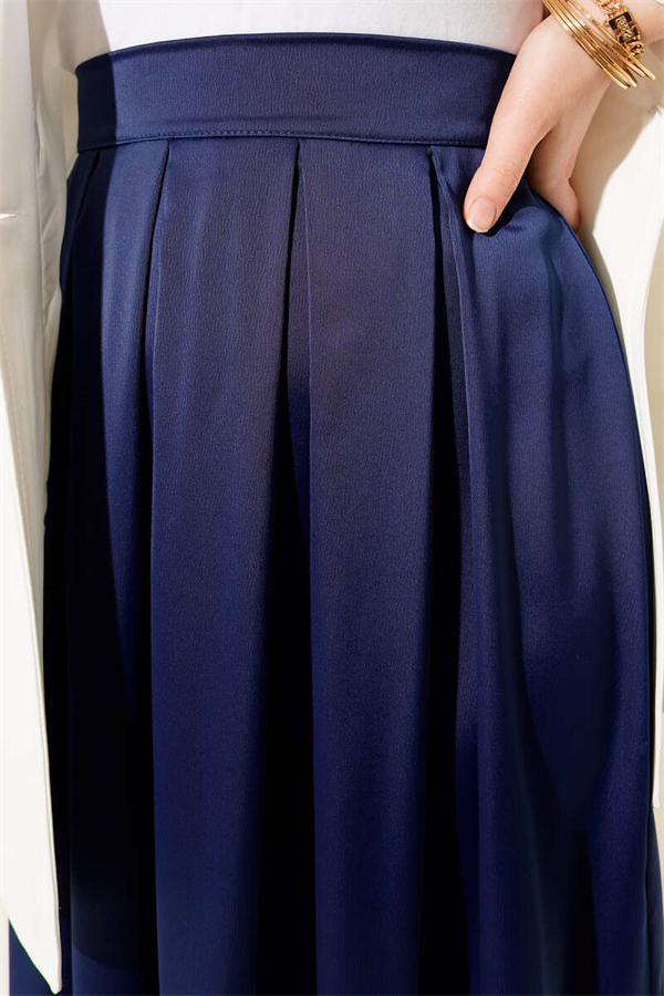 Wide Pleated Satin Skirt, Navy Blue