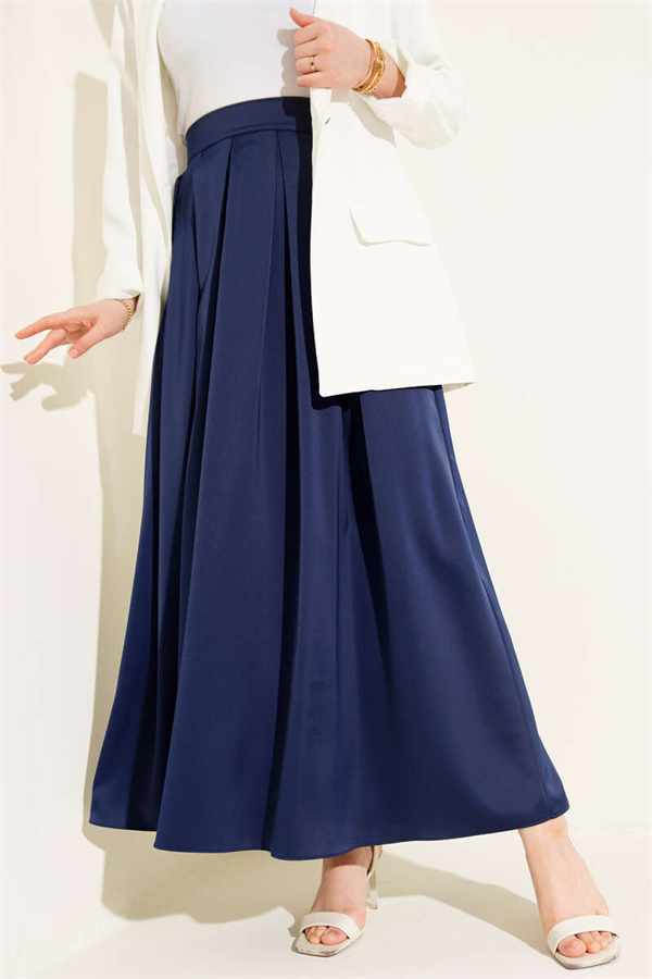 Wide Pleated Satin Skirt, Navy Blue