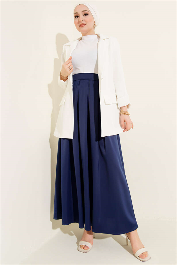 Wide Pleated Satin Skirt, Navy Blue