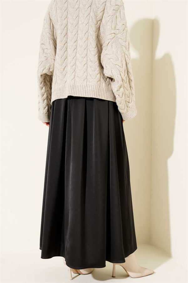 Wide Pleated Satin Skirt, Black