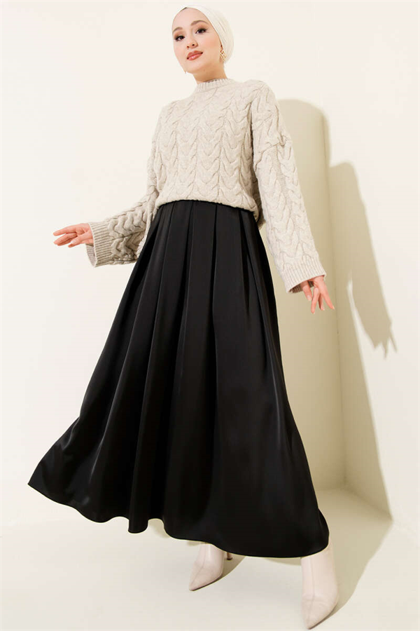 Wide Pleated Satin Skirt, Black