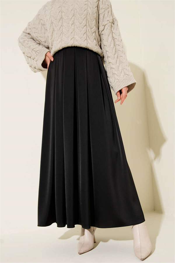 Wide Pleated Satin Skirt, Black