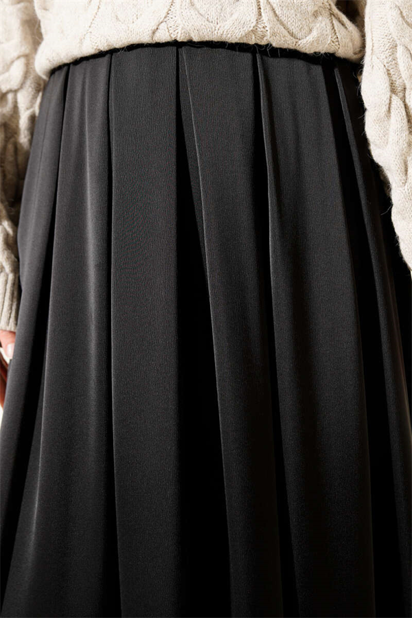 Wide Pleated Satin Skirt, Black