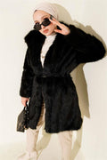 Wide Collar Furry Long Coat Black