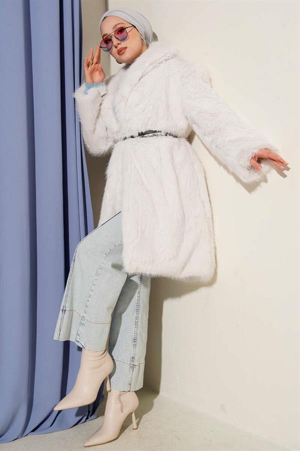 Wide Collar Furry Long Coat Stone