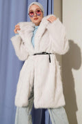 Wide Collar Furry Long Coat Stone