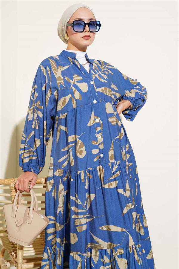 Large Leaf Patterned Half-Buttoned Dress in Indigo