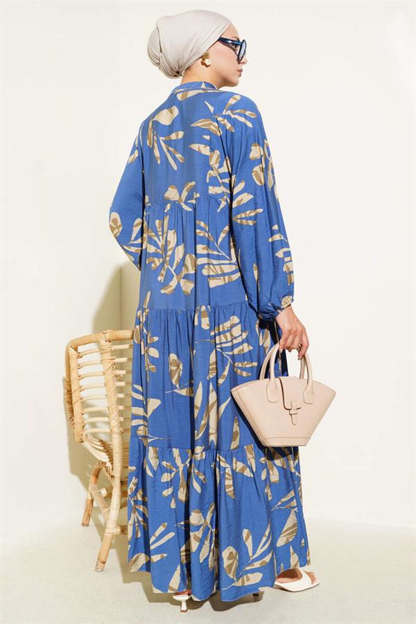 Large Leaf Patterned Half-Buttoned Dress in Indigo