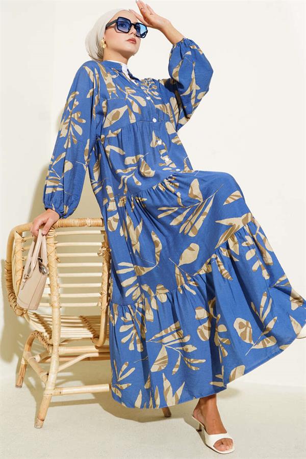 Large Leaf Patterned Half-Buttoned Dress in Indigo