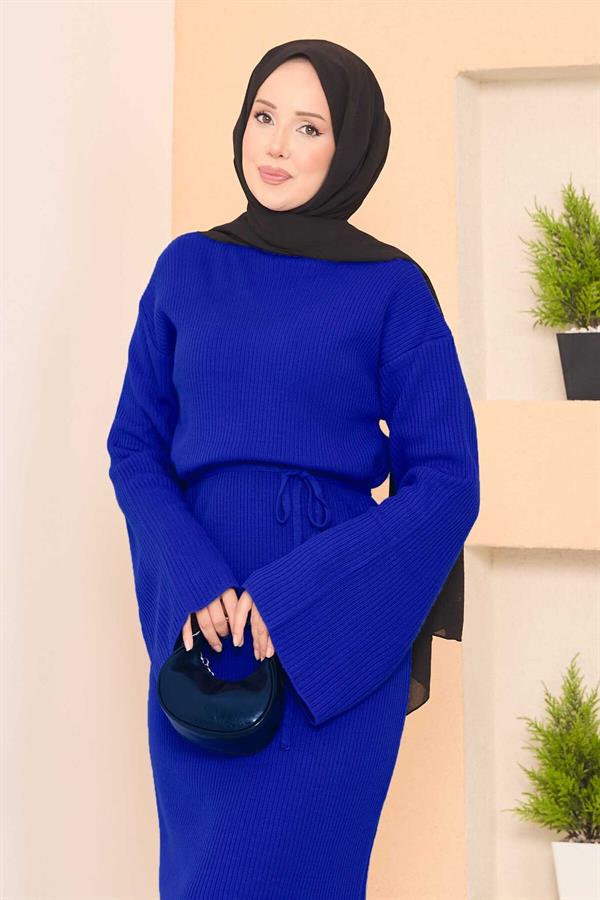 Wide-Sleeve Ribbed Hijab Knitwear Dress in Saxe
