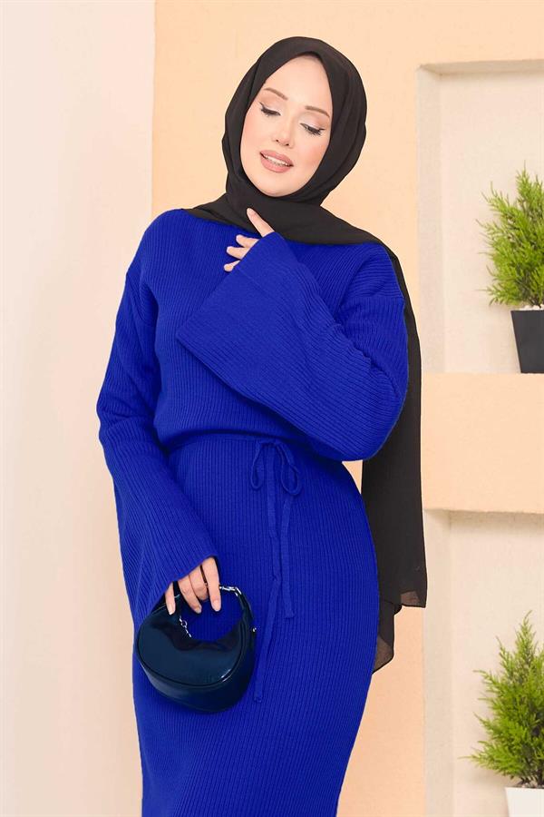 Wide-Sleeve Ribbed Hijab Knitwear Dress in Saxe