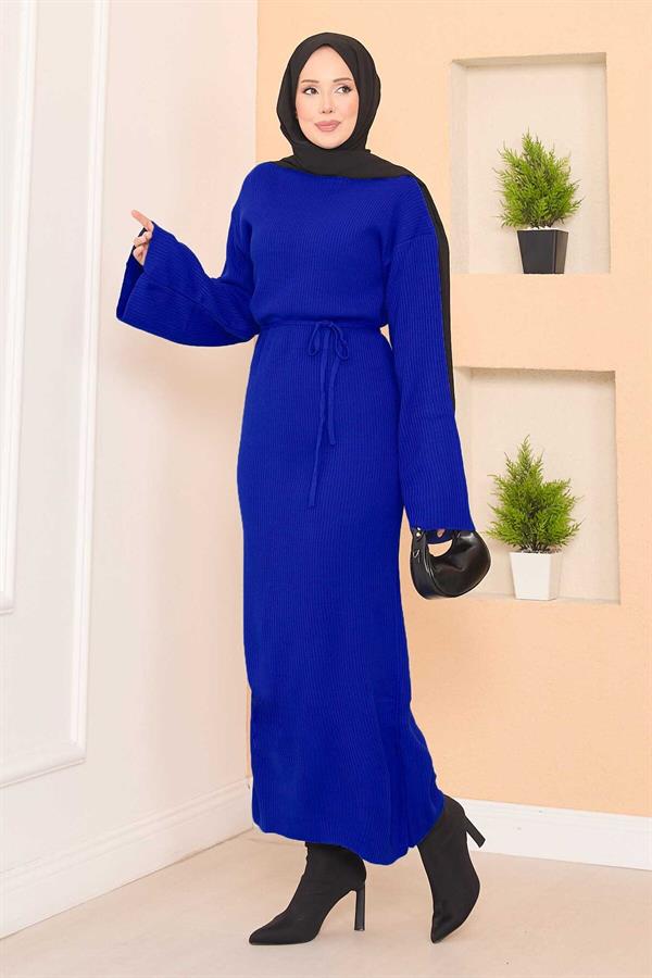 Wide-Sleeve Ribbed Hijab Knitwear Dress in Saxe