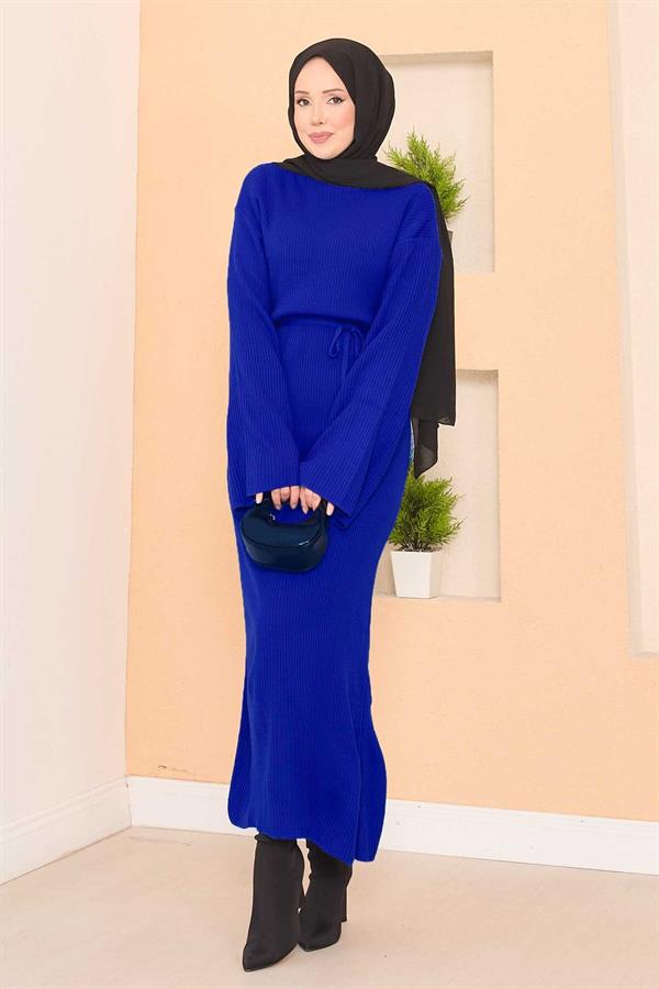 Wide-Sleeve Ribbed Hijab Knitwear Dress in Saxe