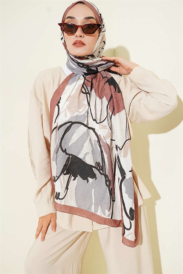 Geometric Floral Scarf, Light Brown