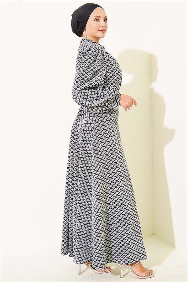 Geometric Pattern Embellished with Rhinestones and Glitter Buckle, Silver Evening Dress
