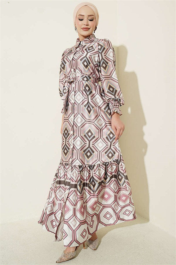 Geometric Patterned Satin Dress Powder Pink