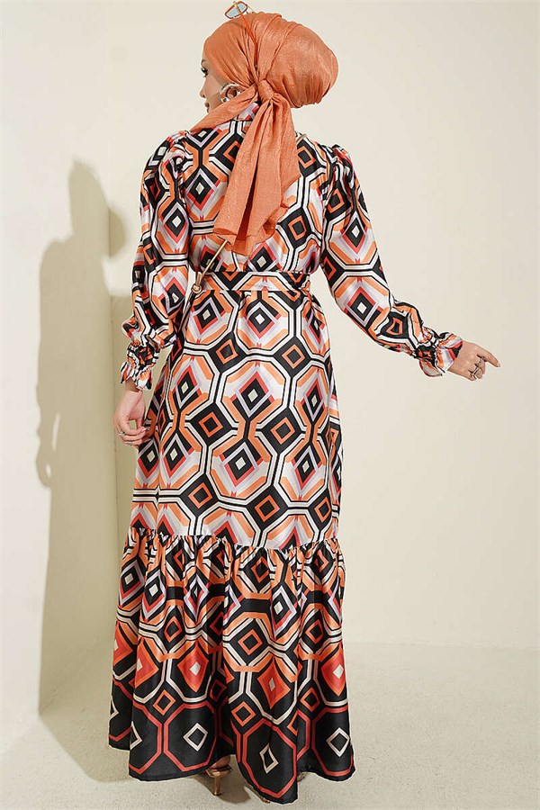 Geometric Patterned Satin Dress, Black
