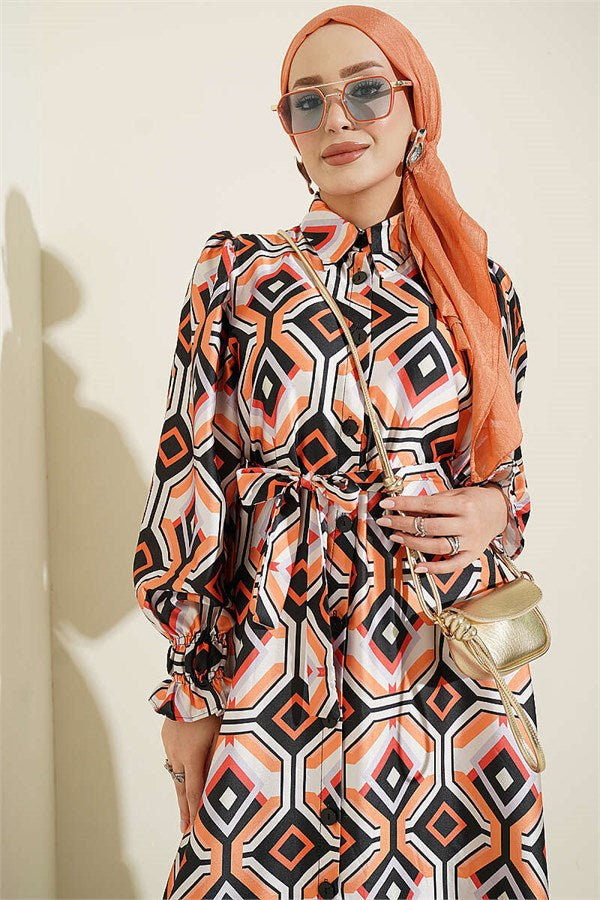 Geometric Patterned Satin Dress, Black