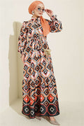 Geometric Patterned Satin Dress, Black