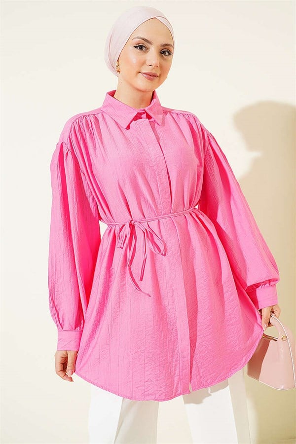 Fuchsia Shirt with Hidden Buttons, Balloon Sleeves, and Drawstring