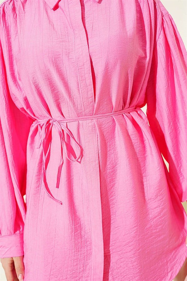 Fuchsia Shirt with Hidden Buttons, Balloon Sleeves, and Drawstring
