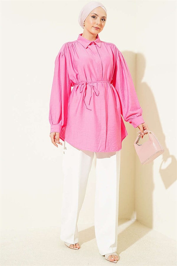 Fuchsia Shirt with Hidden Buttons, Balloon Sleeves, and Drawstring