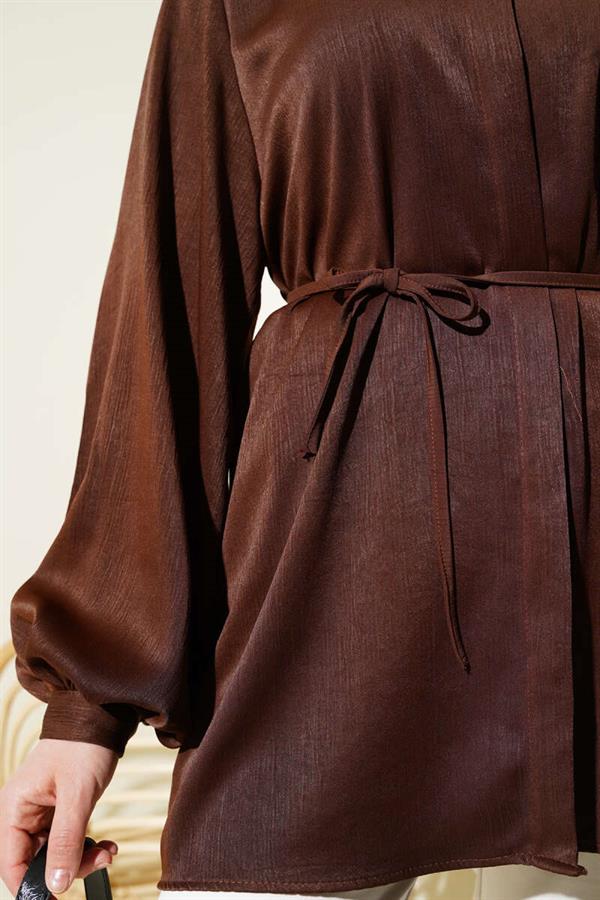 Hidden Button Balloon Sleeve Satin Shirt Brown
