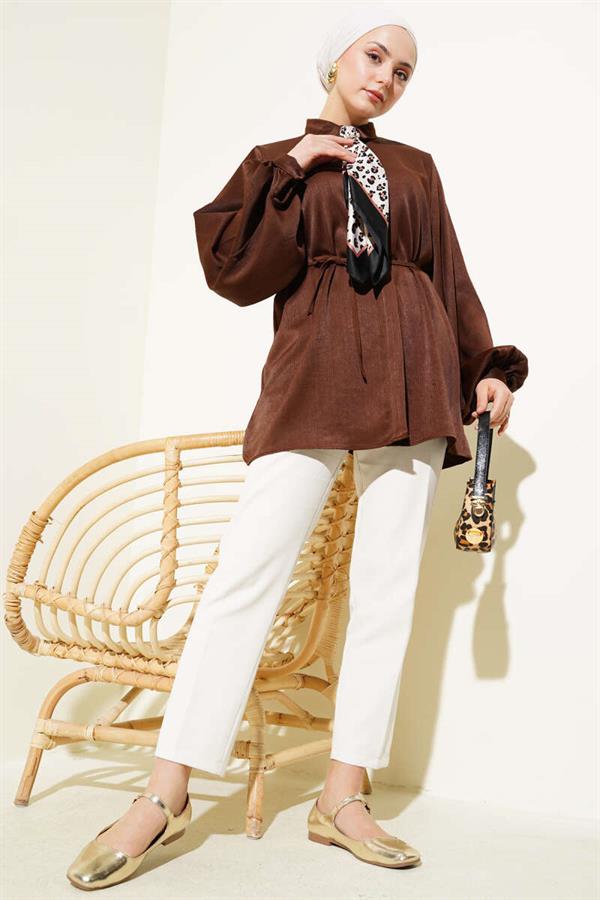 Hidden Button Balloon Sleeve Satin Shirt Brown