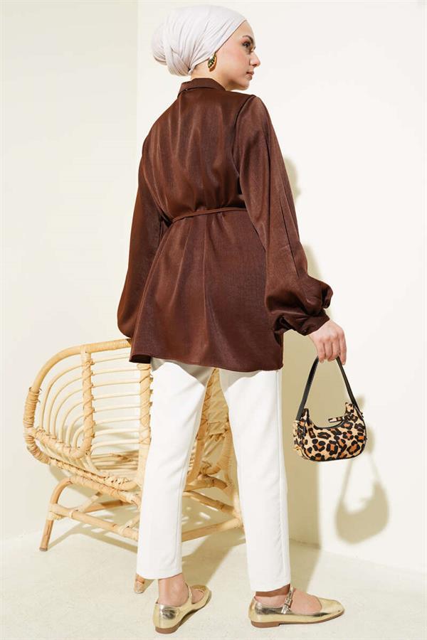 Hidden Button Balloon Sleeve Satin Shirt Brown