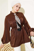Hidden Button Balloon Sleeve Satin Shirt Brown