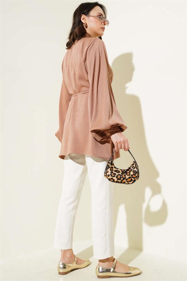 Hidden Button Balloon Sleeve Satin Shirt Latte