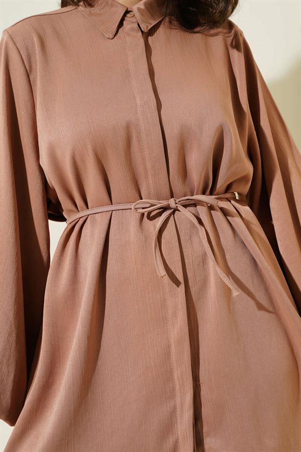 Hidden Button Balloon Sleeve Satin Shirt Latte