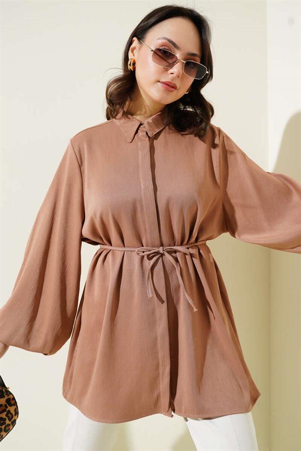 Hidden Button Balloon Sleeve Satin Shirt Latte