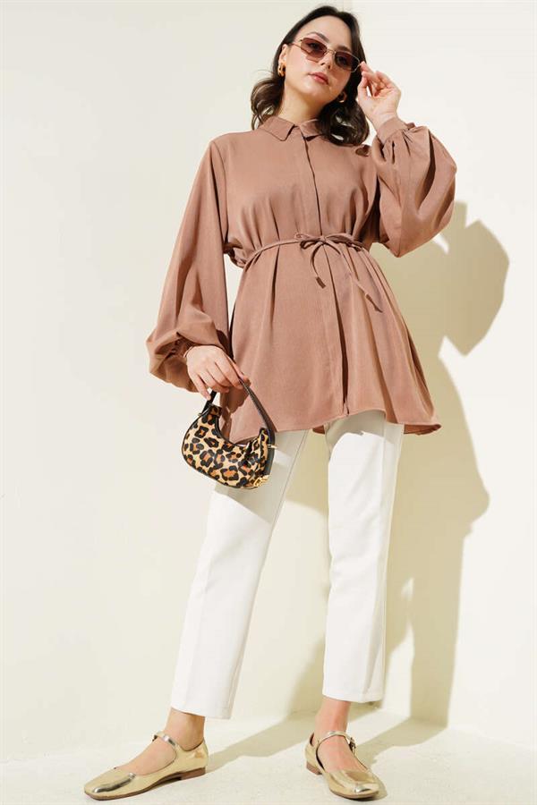 Hidden Button Balloon Sleeve Satin Shirt Latte