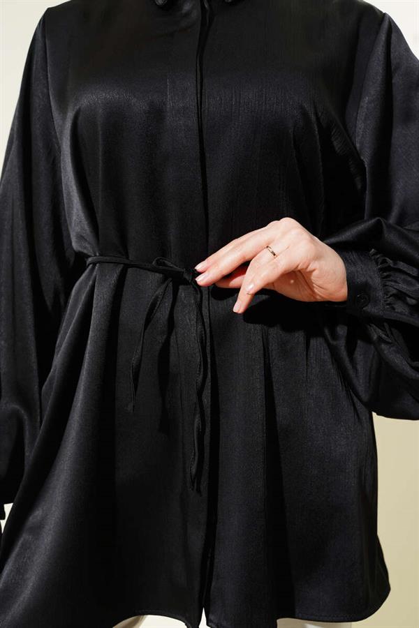 Hidden Button Balloon Sleeve Satin Shirt Black