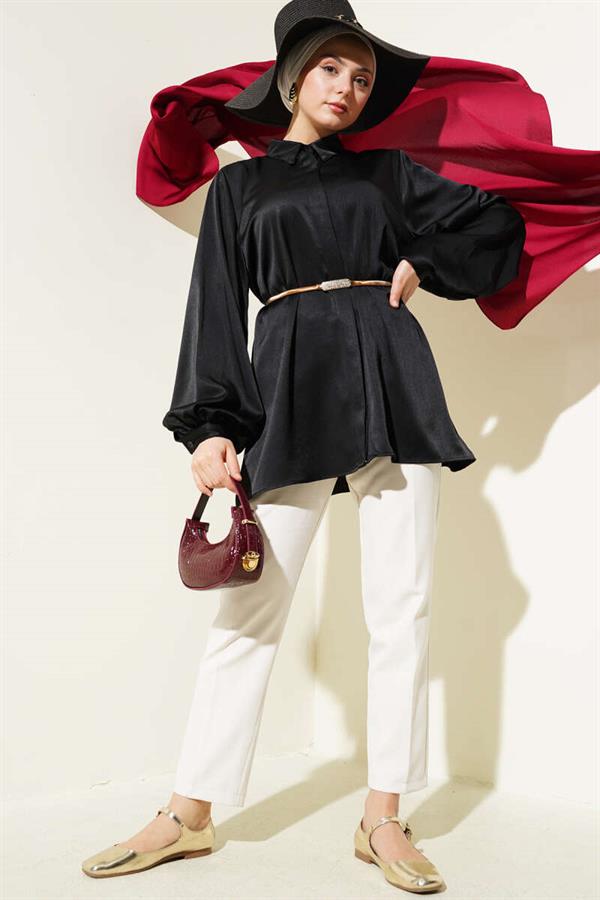 Hidden Button Balloon Sleeve Satin Shirt Black