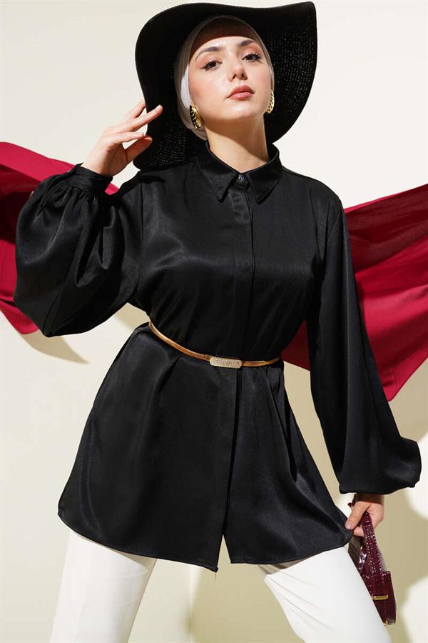 Hidden Button Balloon Sleeve Satin Shirt Black