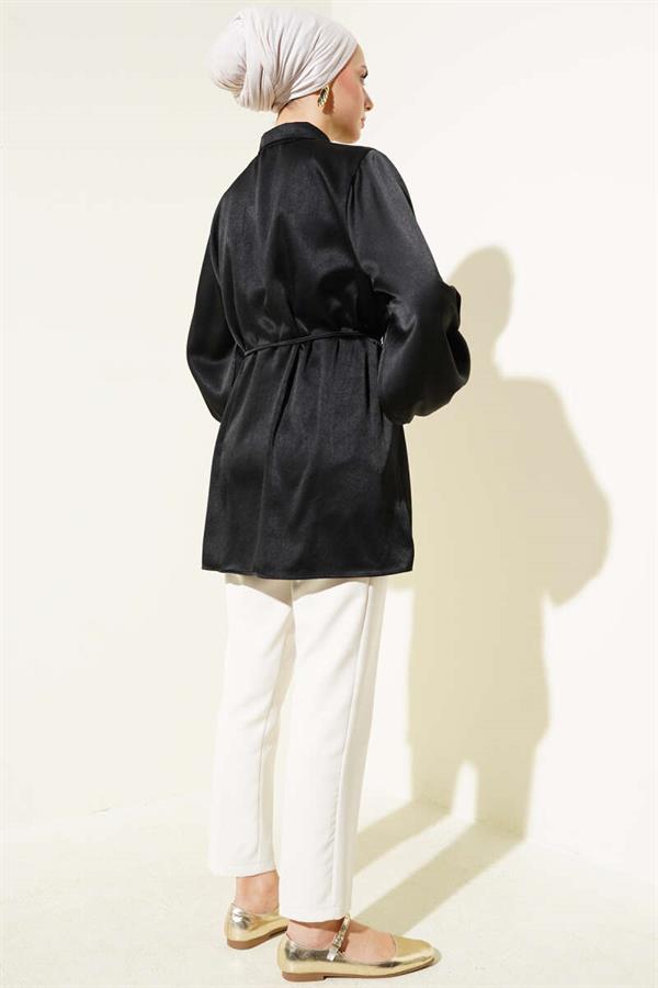 Hidden Button Balloon Sleeve Satin Shirt Black