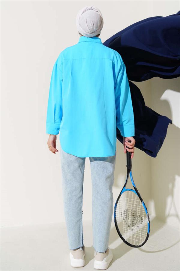 Hidden Button Basic Shirt Blue