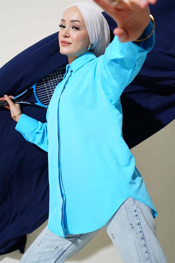 Hidden Button Basic Shirt Blue